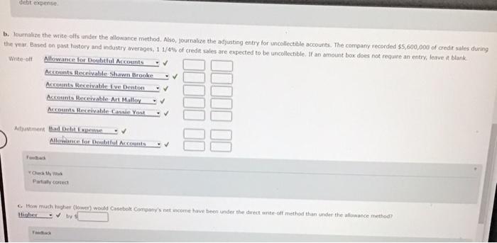  debt expense b. Journalize the write-olts under the allowance method. Also,