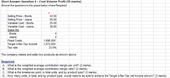  Short Answer Question 2 - Cost Volume Profit (10 marks) Answer