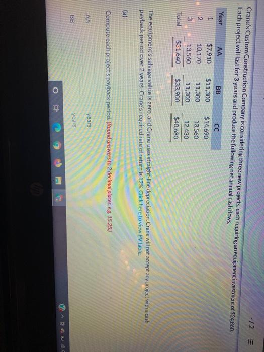  - 1 2 3 Crane's Custom Construction Company is considering three