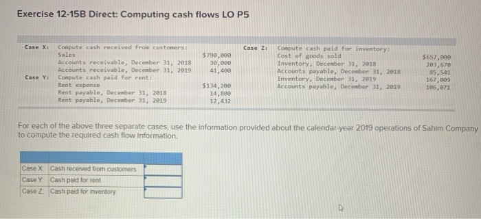  Exercise 12-15B Direct: Computing cash flows LO P5 Case X: Case