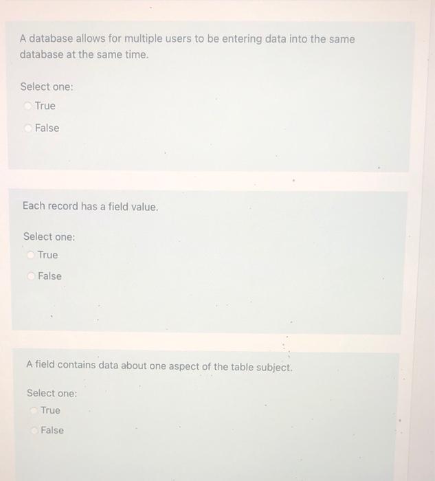 Select one: True False A record contains specific data about a particular