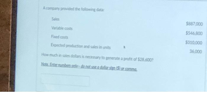  A company provided the following data Sales 5887 000 Variable costs