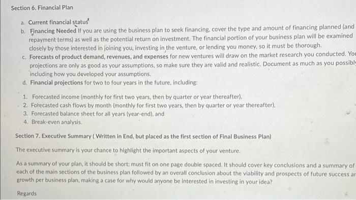 create a Financial Plan and an Executive summary for a business Section