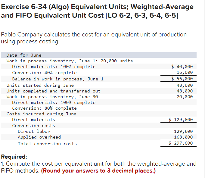  Exercise 6-34 (Algo) Equivalent Units; Weighted-Average and FIFO Equivalent Unit Cost