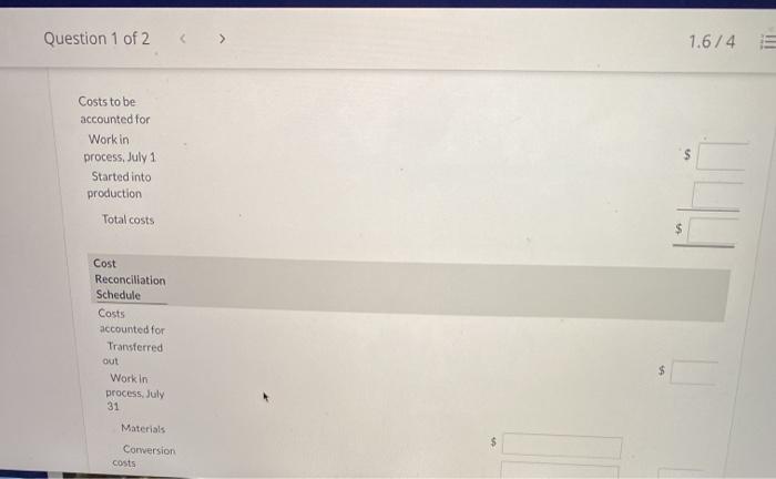 in process, July 1 Materials Labor Overhead Total $0 380,000 234,400 104.000