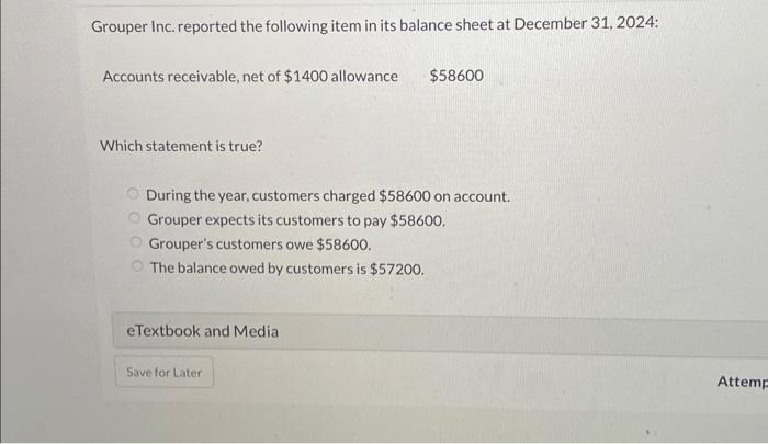 $58600 on account. Grouper expects its customers to pay $58600. Grouper's customers