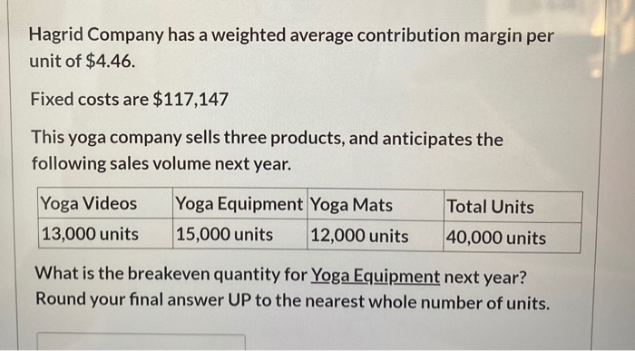  Hagrid Company has a weighted average contribution margin per unit of