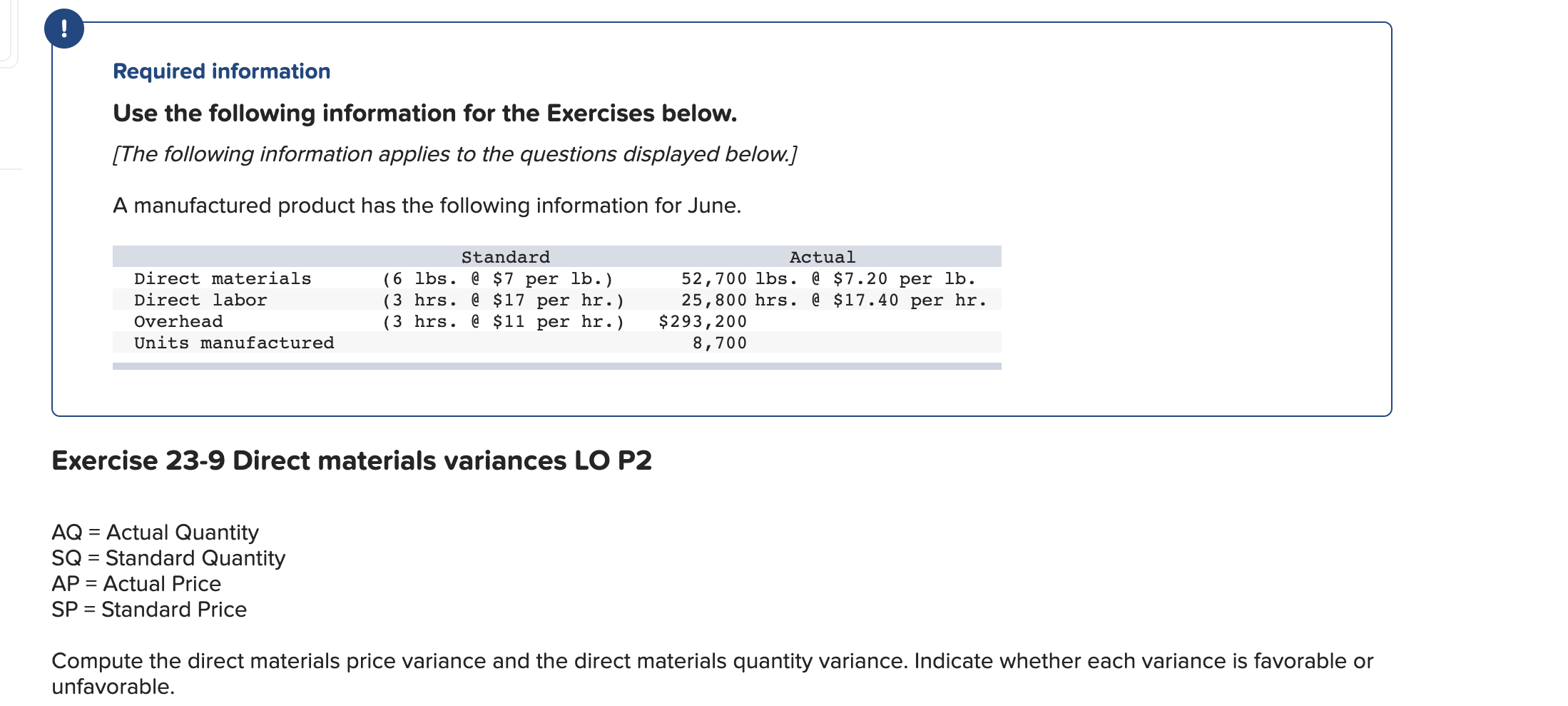  ! Required information Use the following information for the Exercises below.
