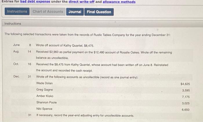  Entries for bad debt expense under the direct write-off and allowance