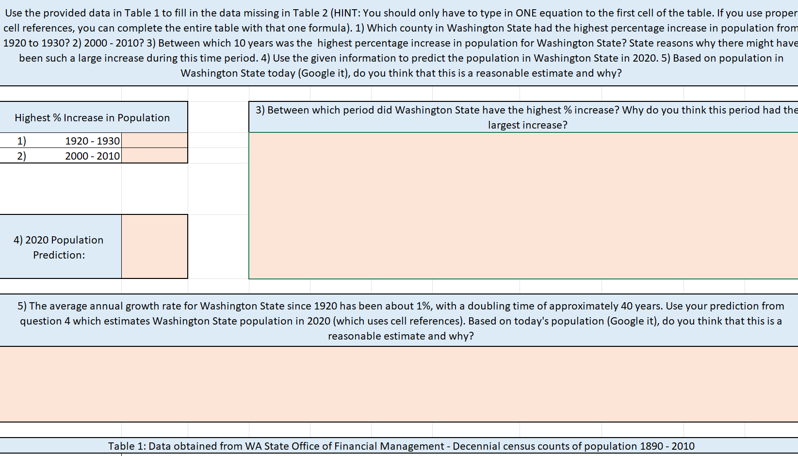  Use the provided data in Table 1 to fill in the