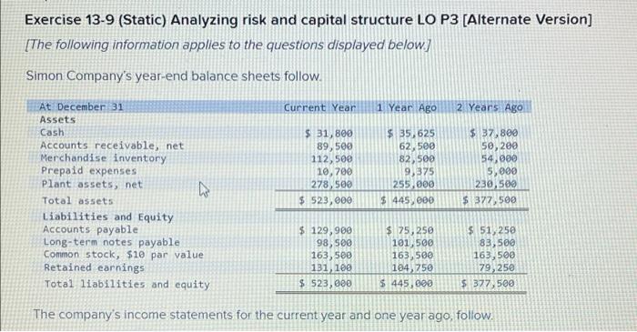  Exercise 13-9 (Static) Analyzing risk and capital structure LO P3 [Alternate