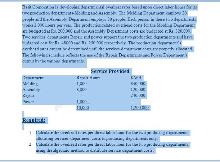 Basit Corporation is developing departmental overheat rates based upon direct labor