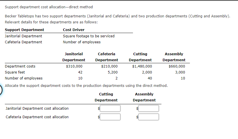  Support department cost allocation-direct method Becker Tabletops has two support departments