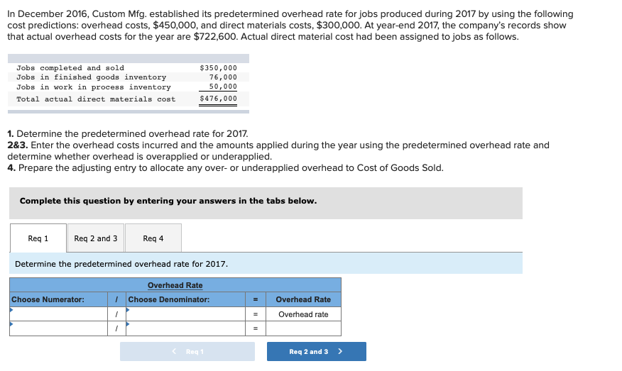 In December 2016, Custom Mfg. established its predetermined overhead rate for
