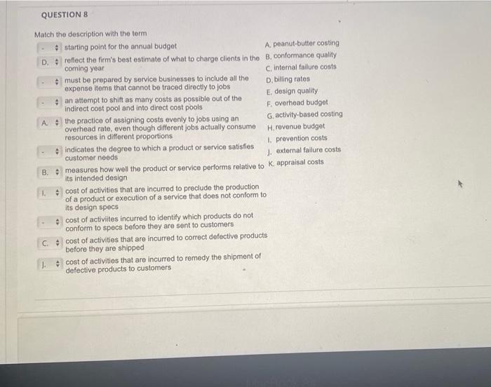  QUESTION 8 Match the description with the term starting point for