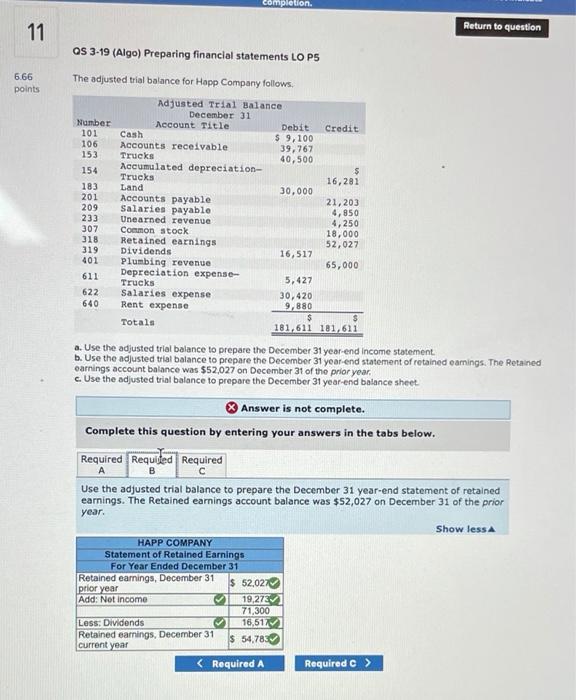 6.66 points QS 3-19 (Algo) Preparing financial statements LO P5 The adjusted