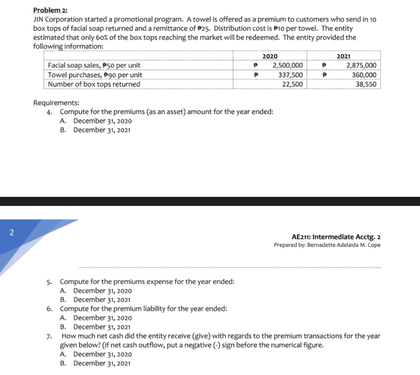 Problem 2: JIN Corporation started a promotional program. A towel is