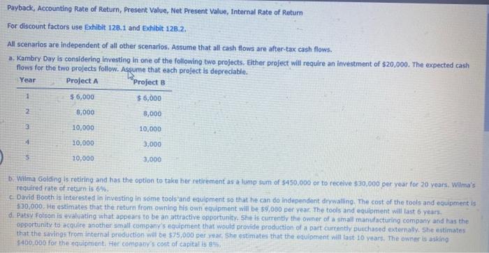  Payback, Accounting Rate of Return, Present Value, Net Present Value, Internal