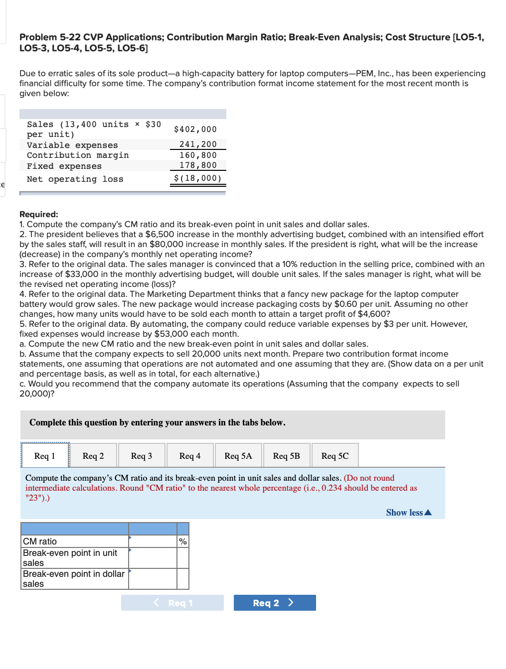 Problem 5-22 CVP Applications; Contribution Margin Ratio; Break-Even Analysis; Cost Structure