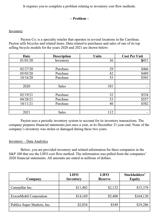 It requires you to complete a problem relating to inventory cost