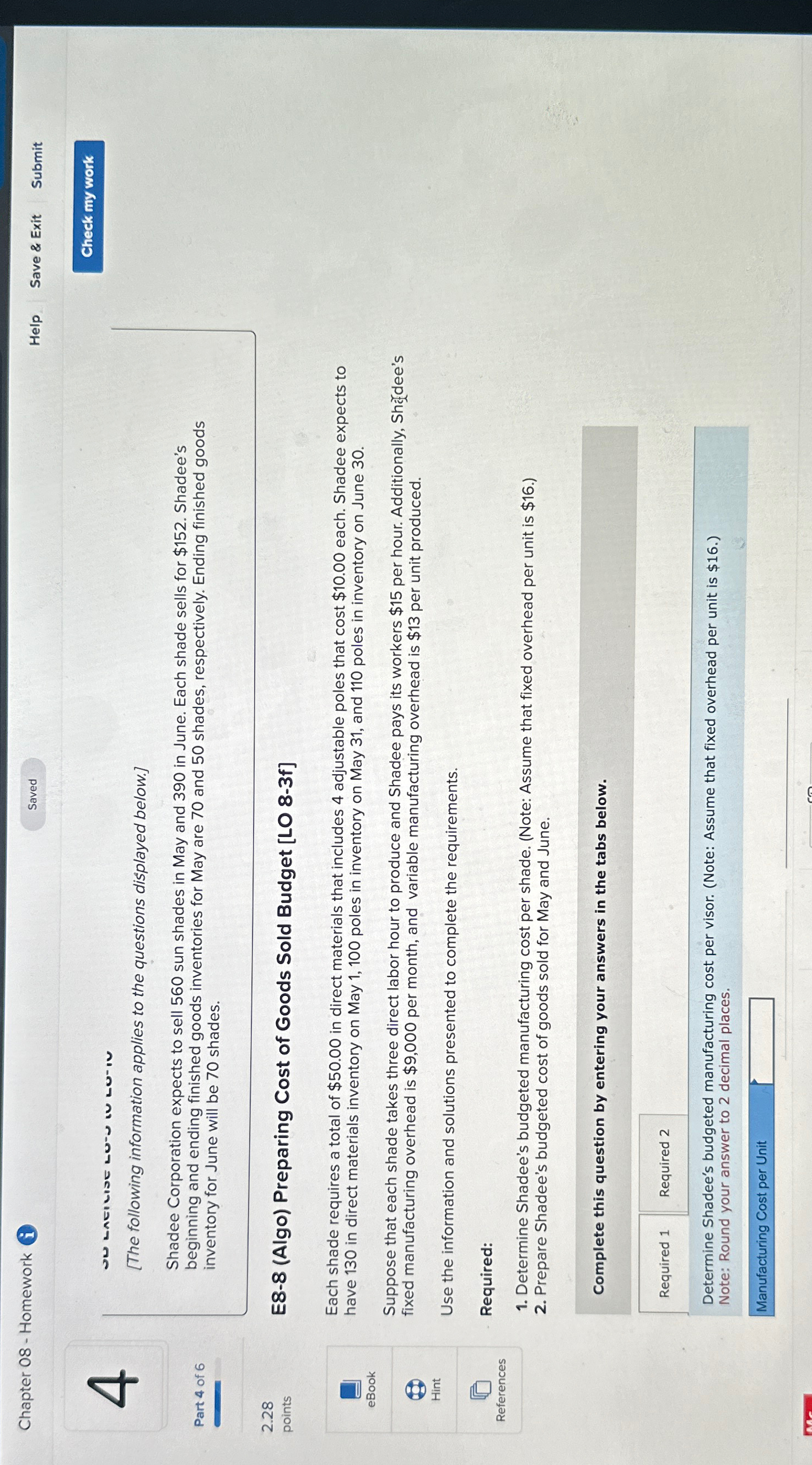  Chapter 08- Homework (i) Help Save & Exit Submit 4 Part