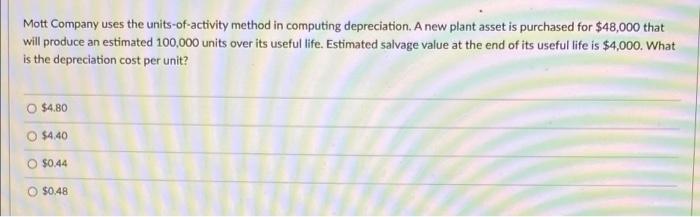  Mott Company uses the units-of-activity method in computing depreciation. A new