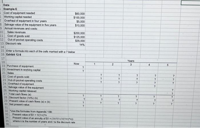  Data Example E 5 Cost of equipment needed $60,000 5 Working