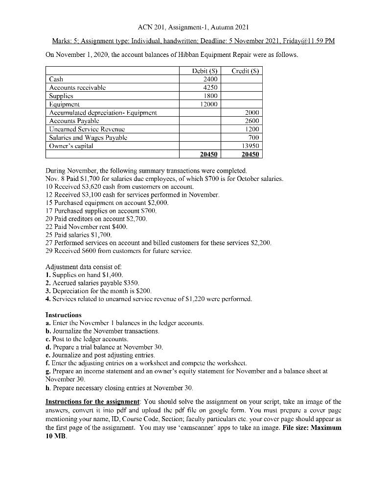  ACN 201, Assignment-1, Autumn 2021 Marks: 5: Assignment type: Individual, handwritten;