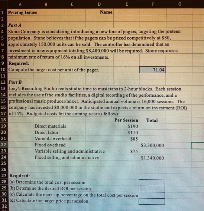  B C D E F G 1 Pricing Issues Name 2