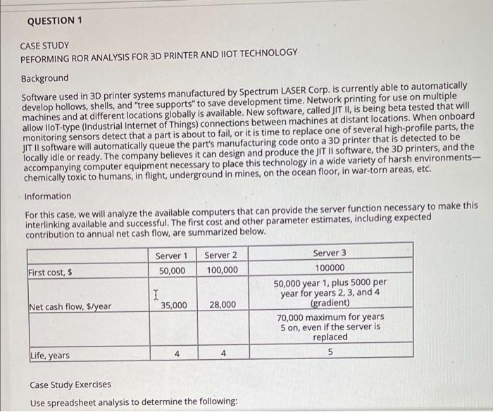  QUESTION 1 CASE STUDY PEFORMING ROR ANALYSIS FOR 3D PRINTER AND