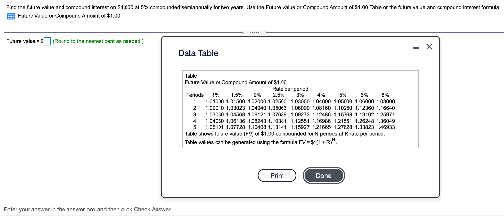  Find the future value and compound interest on $4,000 at 5%