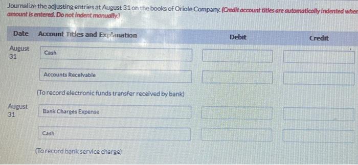 August 31, 57,374. Cash balance per bank, August 31, $ 7.338. Outstanding