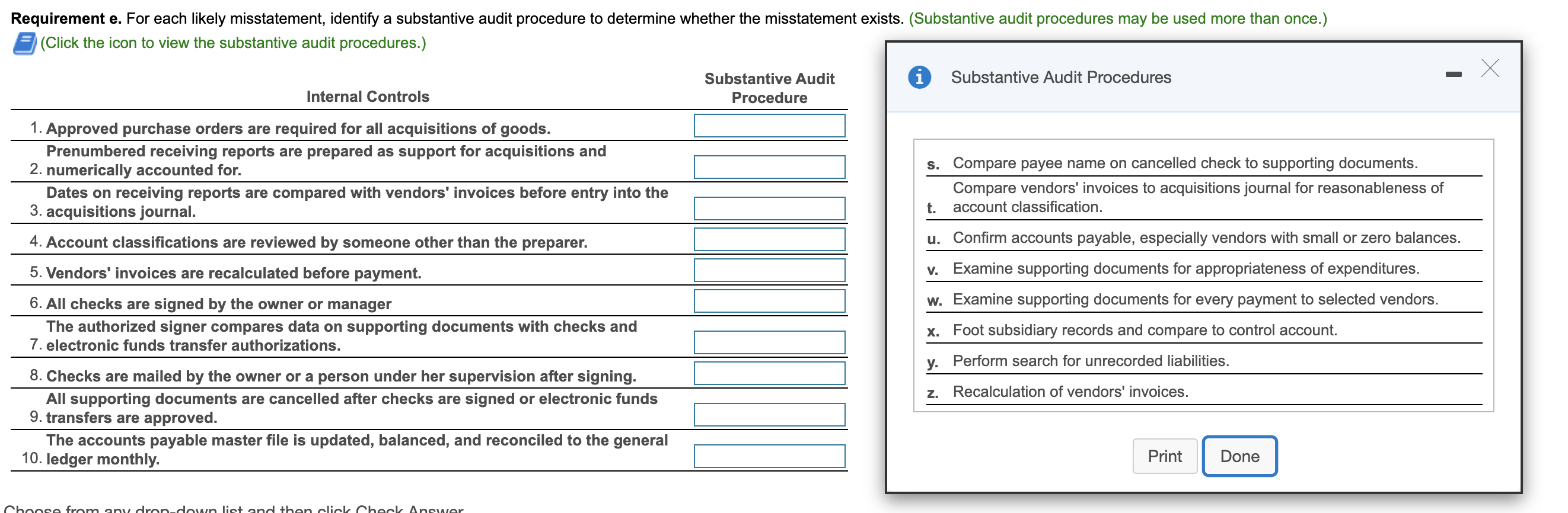 Match each letter description with the Given Scenario ( Auditing ) Requirement