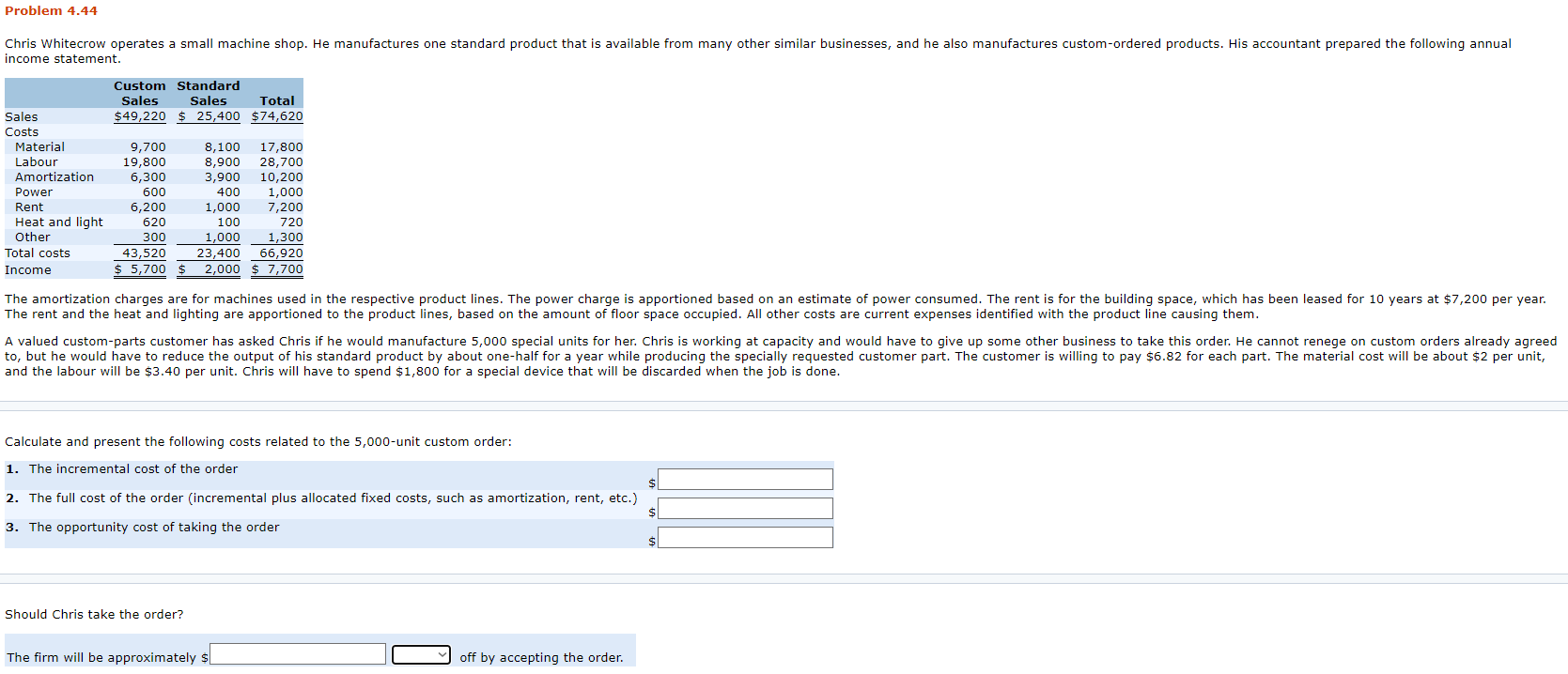 Problem 4.44 Chris Whitecrow operates a small machine shop. He manufactures
