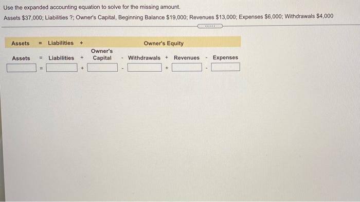 Use the expanded accounting equation to solve for the missing amount.