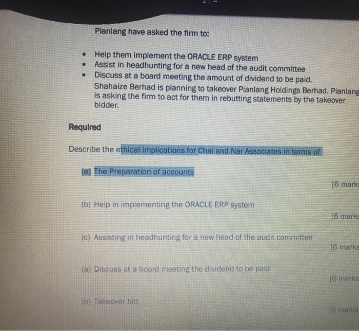 Chal and Nar Associates are auditors of Pianlang Holdings Berhad. The head