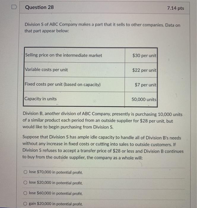  Question 28 7.14 pts Division Sof ABC Company makes a part