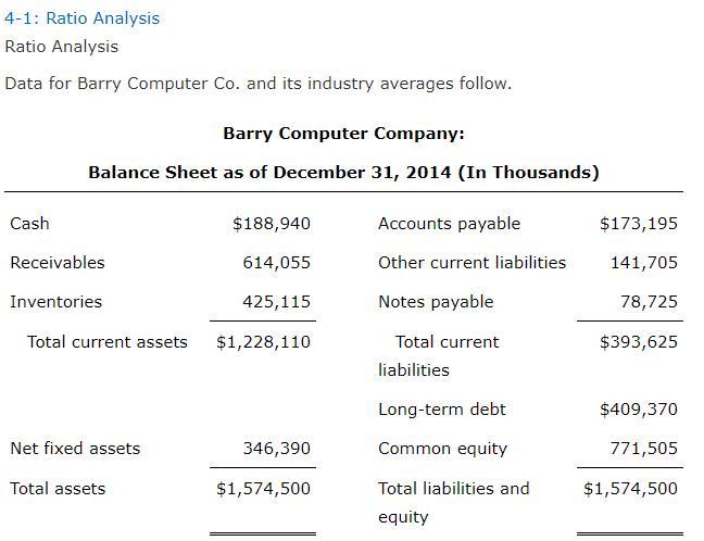 4-1: Ratio Analysis Ratio Analysis Data for Barry Computer Co. and