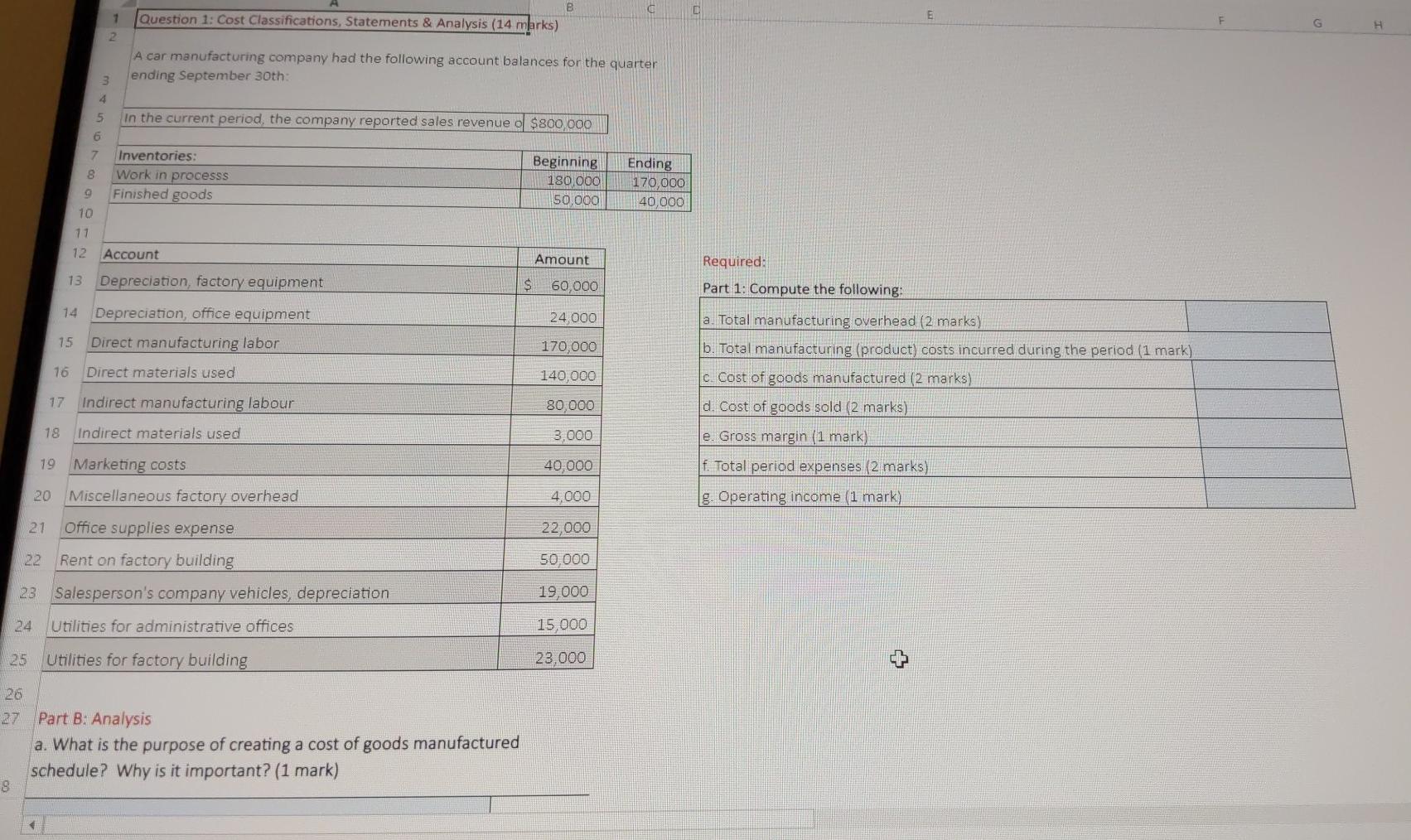 F G H D 1 Question 1: Cost Classifications, Statements &