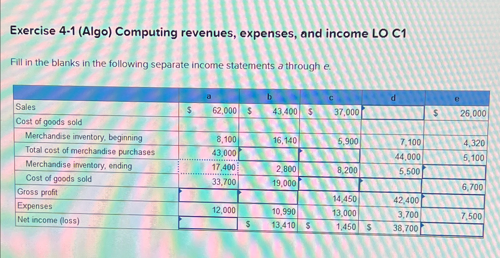  Exercise 4-1(Algo) Computing revenues, expenses, and income LO C1 Fill in
