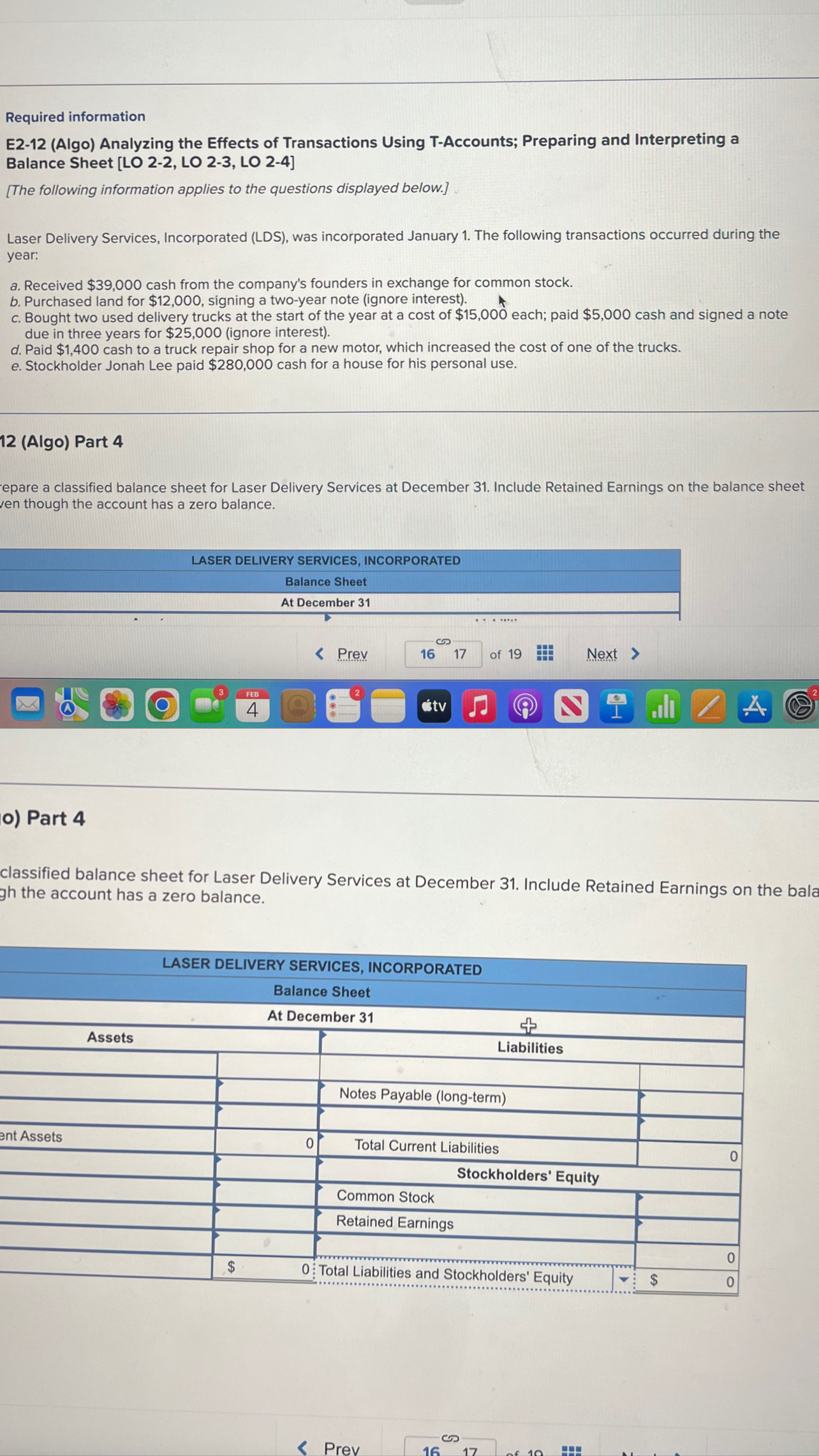  Required information E2-12(Algo) Analyzing the Effects of Transactions Using T-Accounts; Preparing