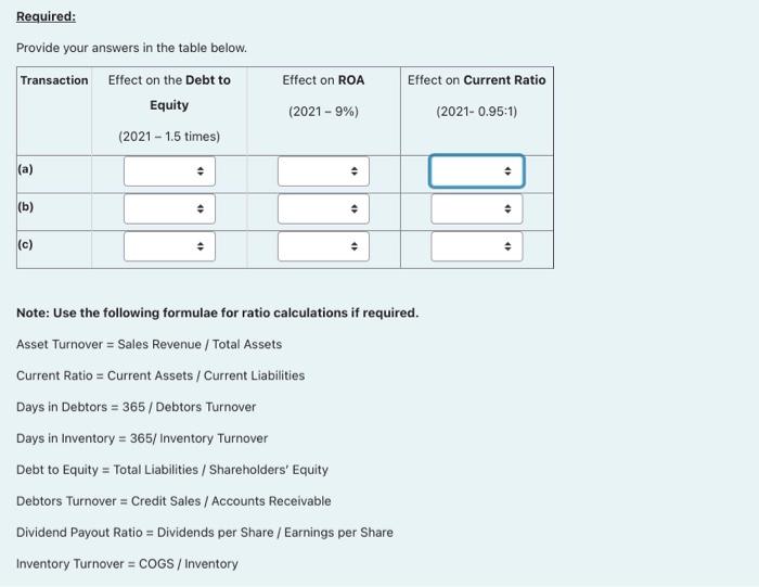 each of the following transactions or events, indicate the directional effect (increase,