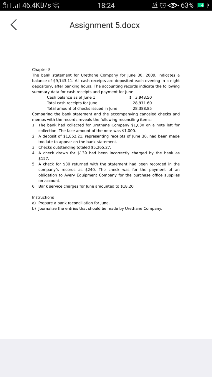  ail. | 46.4KB/S 18:24 63% r Assignment 5.docx Chapter 8 The