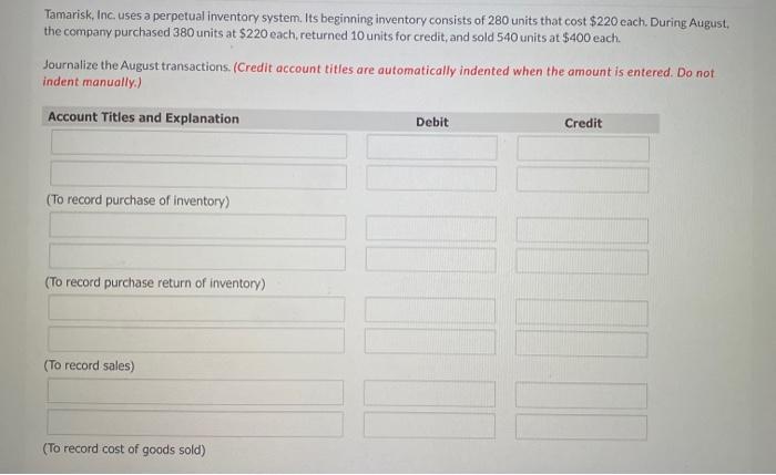  Tamarisk, Inc. uses a perpetual inventory system. Its beginning inventory consists