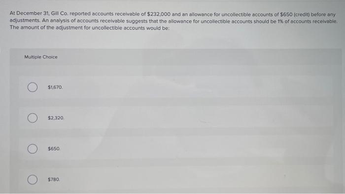 please answer quickly At December 31, Gill Co. reported accounts receivable of