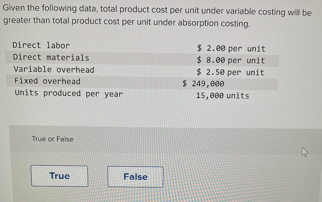  Given the following data, total product cost per unit under variable