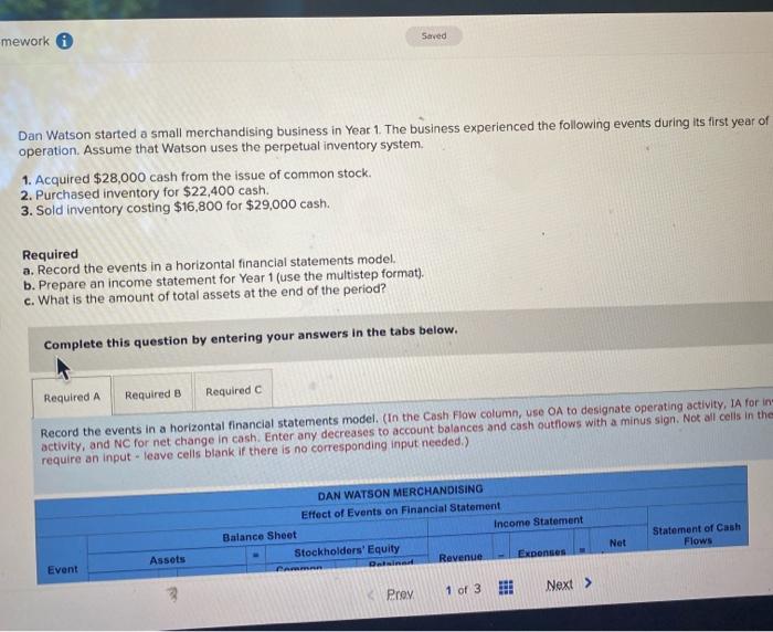  mework 0 Saved Dan Watson started a small merchandising business in