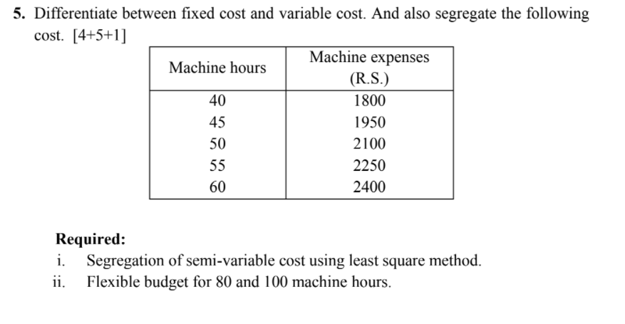 5. Differentiate between fixed cost and variable cost. And also segregate