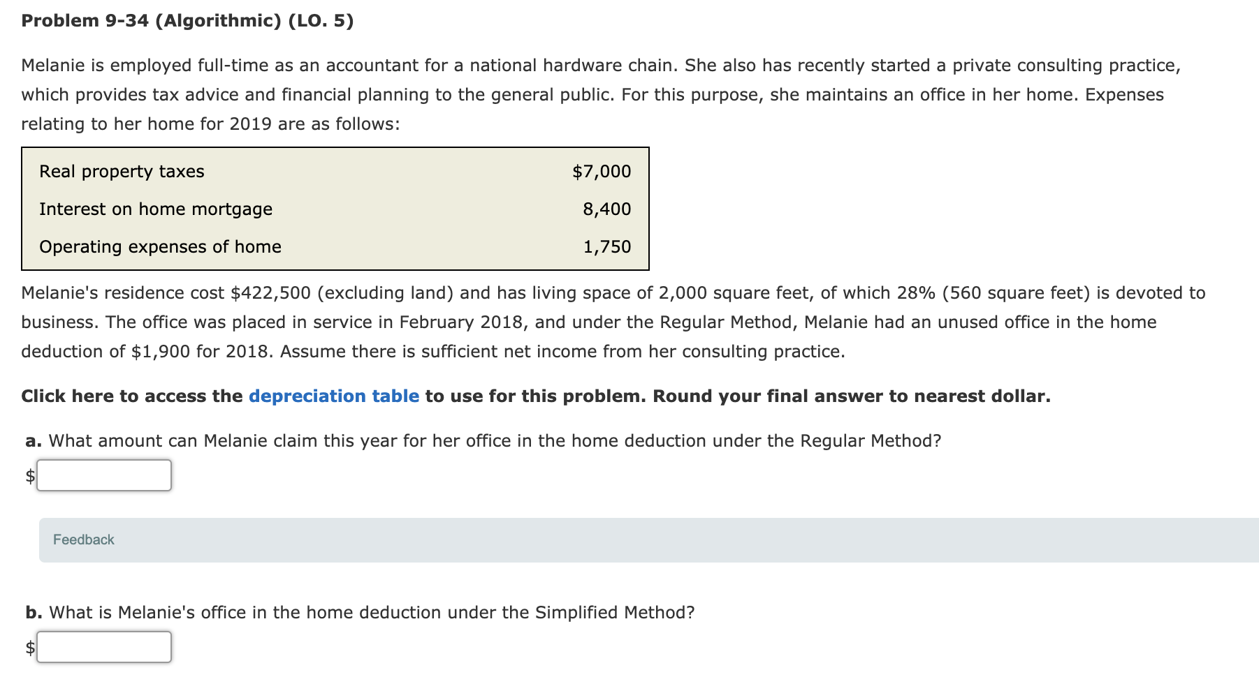 Problem 9-34 (Algorithmic) (LO. 5) Melanie is employed full-time as an