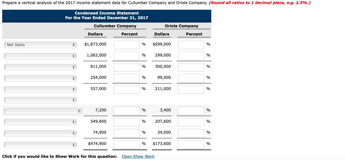 Cullumber Company and Oriole Company, two competitors. All balance sheet data are